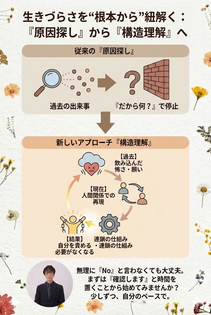「原因探し」から「構造理解」へという見出し。過去の出来事を分析するだけではなく、現在の人間関係での再現や連鎖の仕組みを理解するプロセスを描いた図