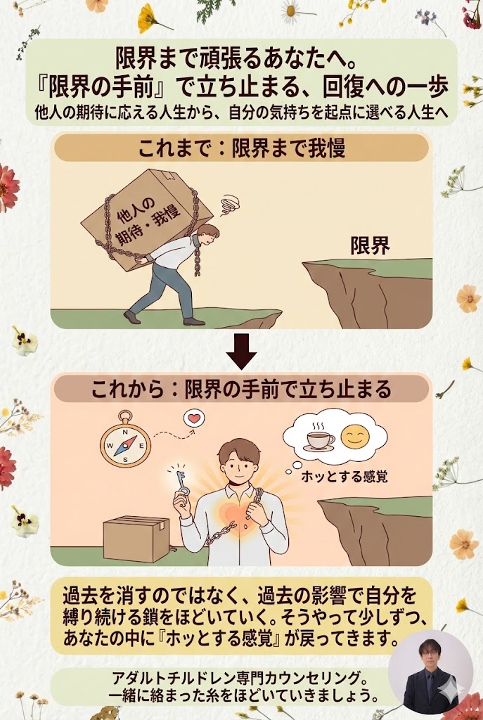 「限界まで頑張るあなたへ」という見出し。他人の期待を背負って崖っぷちを歩く姿から自分の気持ちを大切にして立ち止まる姿への変化を描いたイラスト