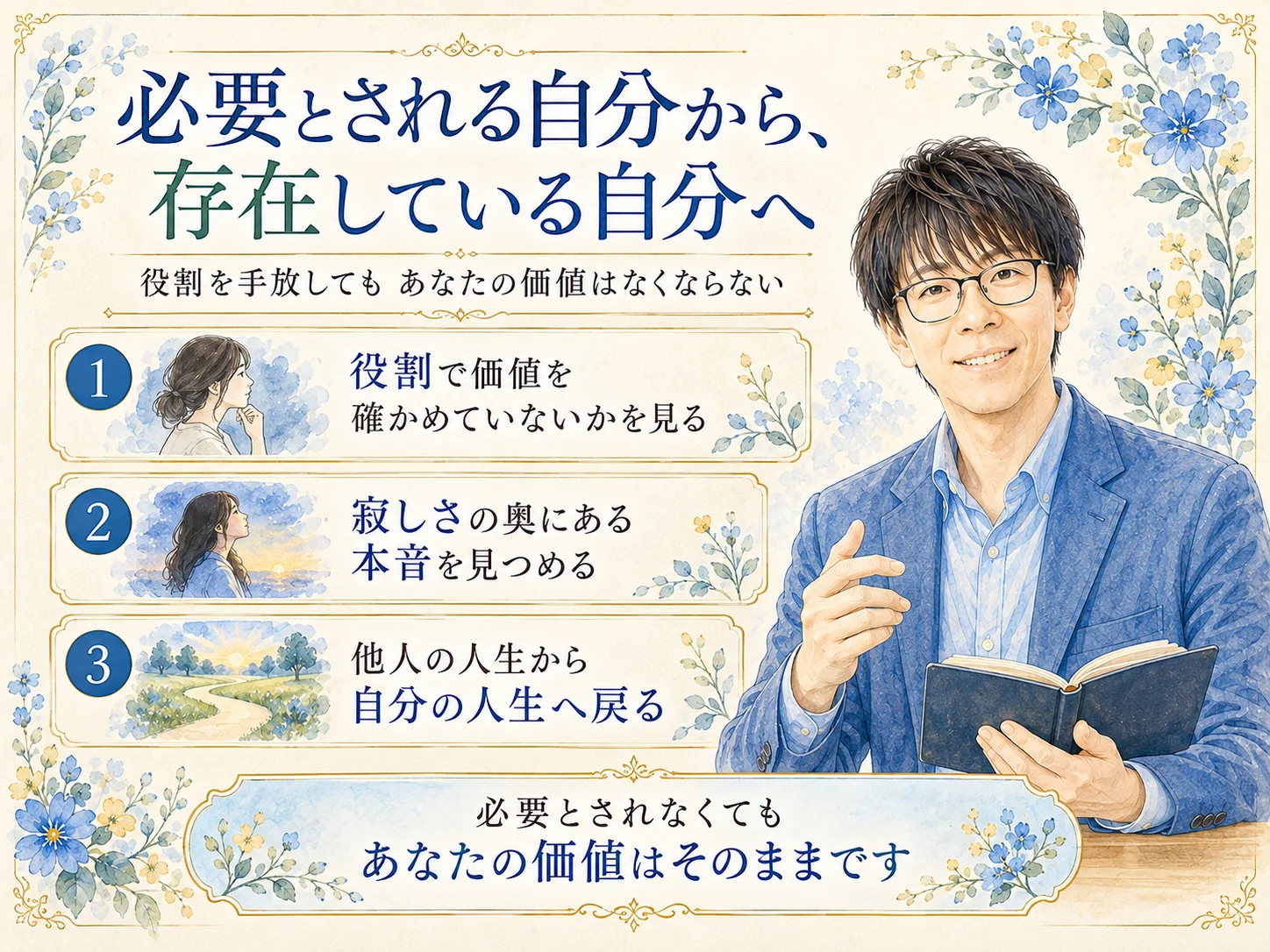 必要とされる自分から存在している自分へ。役割を手放しても価値はなくならないことを伝える松野正寿の水彩イラスト