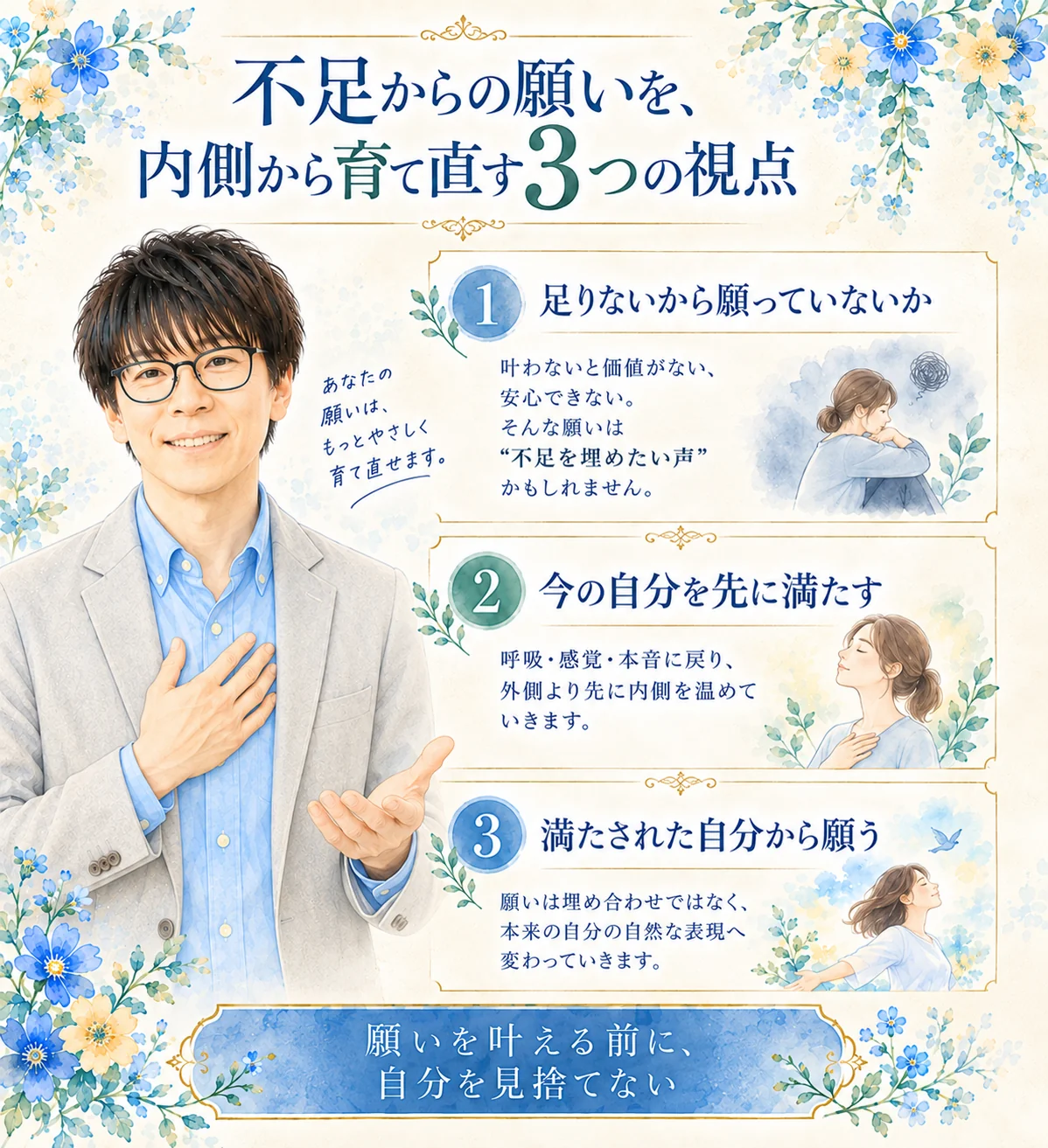 不足からの願いを内側から育て直す3つの視点を伝える松野正寿の水彩イラスト