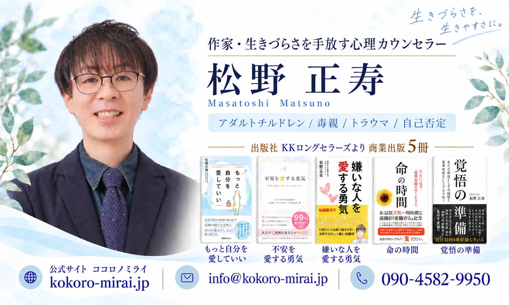 松野正寿の本人写真と、KKロングセラーズから出版した5冊の著書を紹介する画像