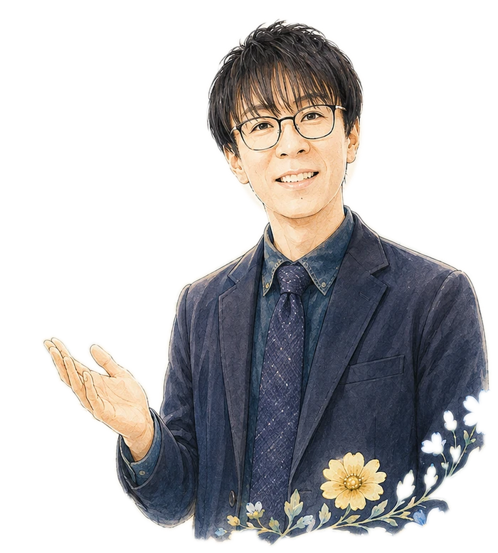 松野正寿を描いた水彩風の似顔絵。ジャケット姿で穏やかに語りかけている