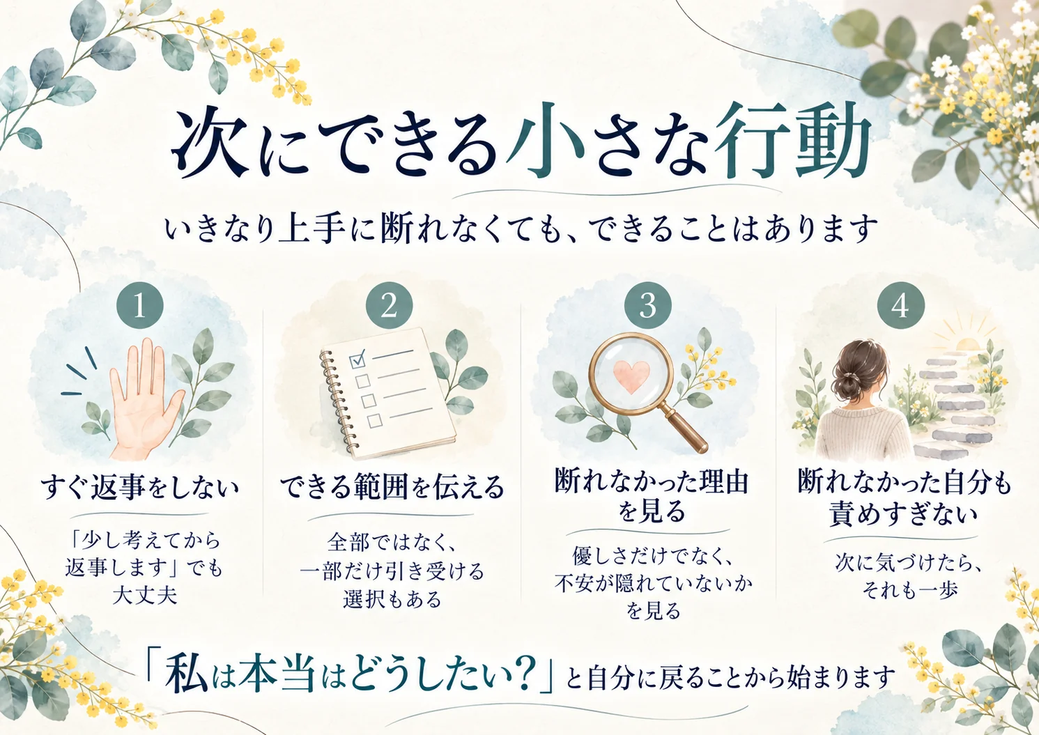 すぐ返事をしない、できる範囲を伝える、断れなかった理由を知る、自分を責めすぎないという4つの行動