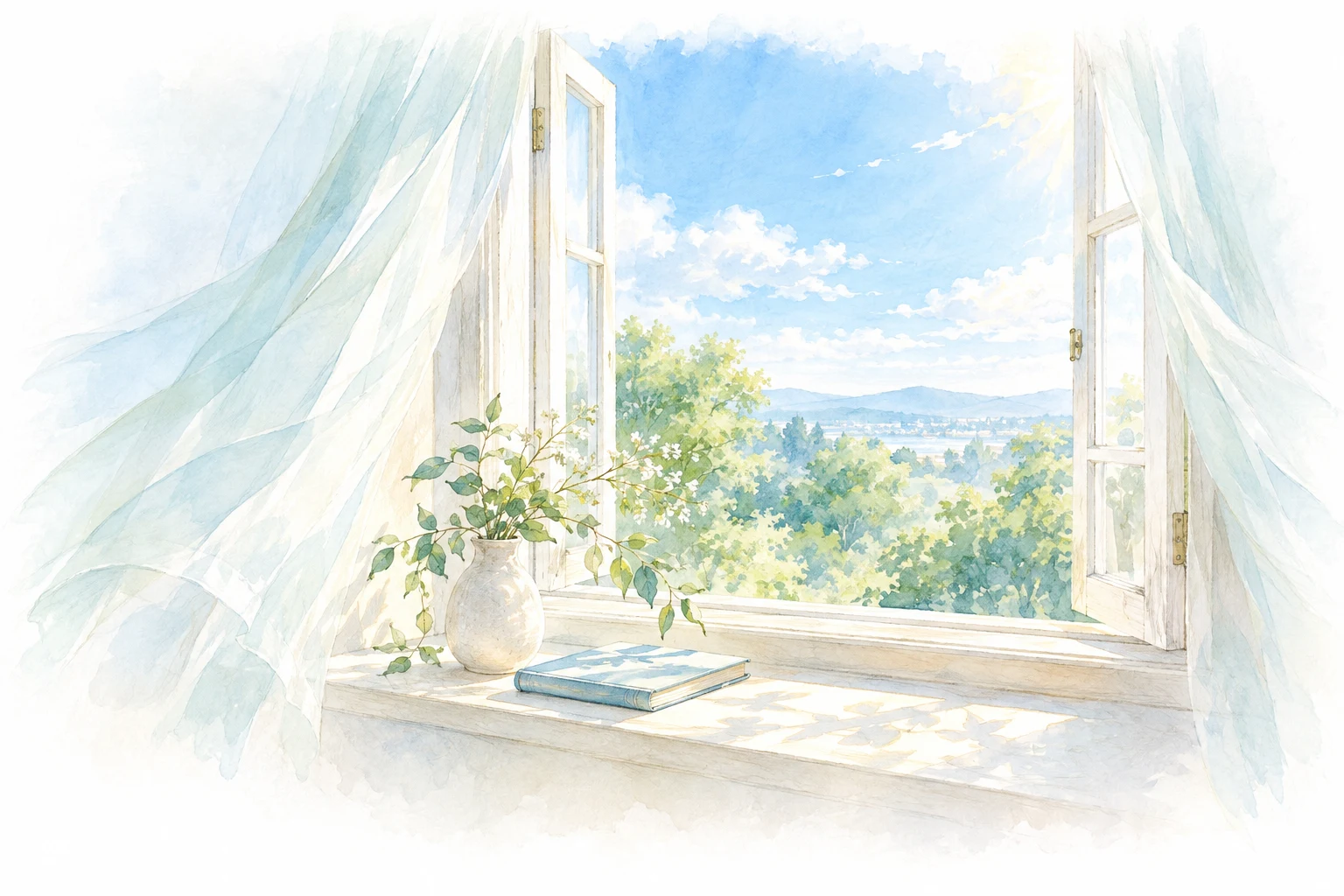 やわらかな光が差し込む窓辺と青空の水彩イラスト