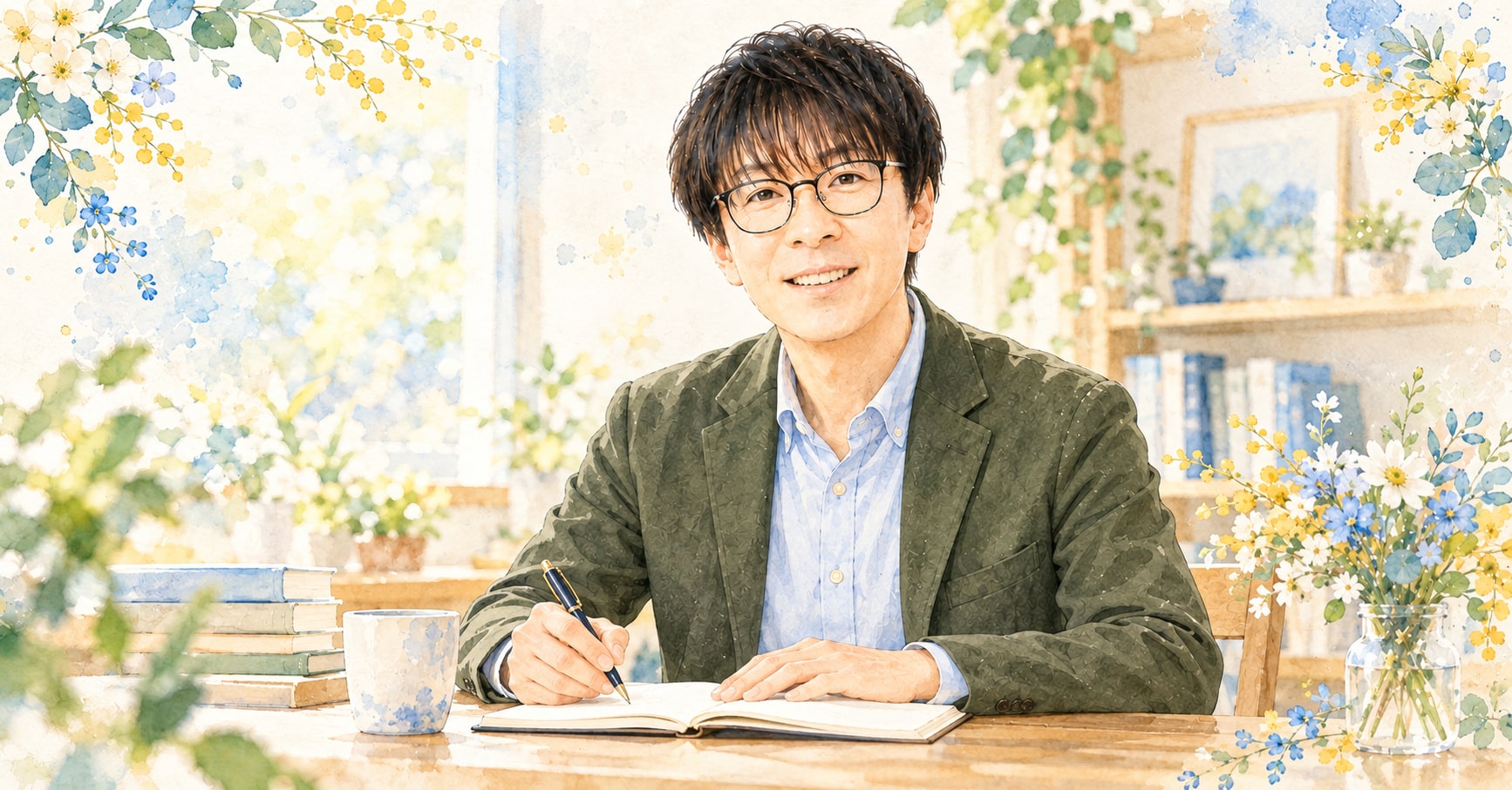 ノートと小さな花（オリーブ・文字なし）