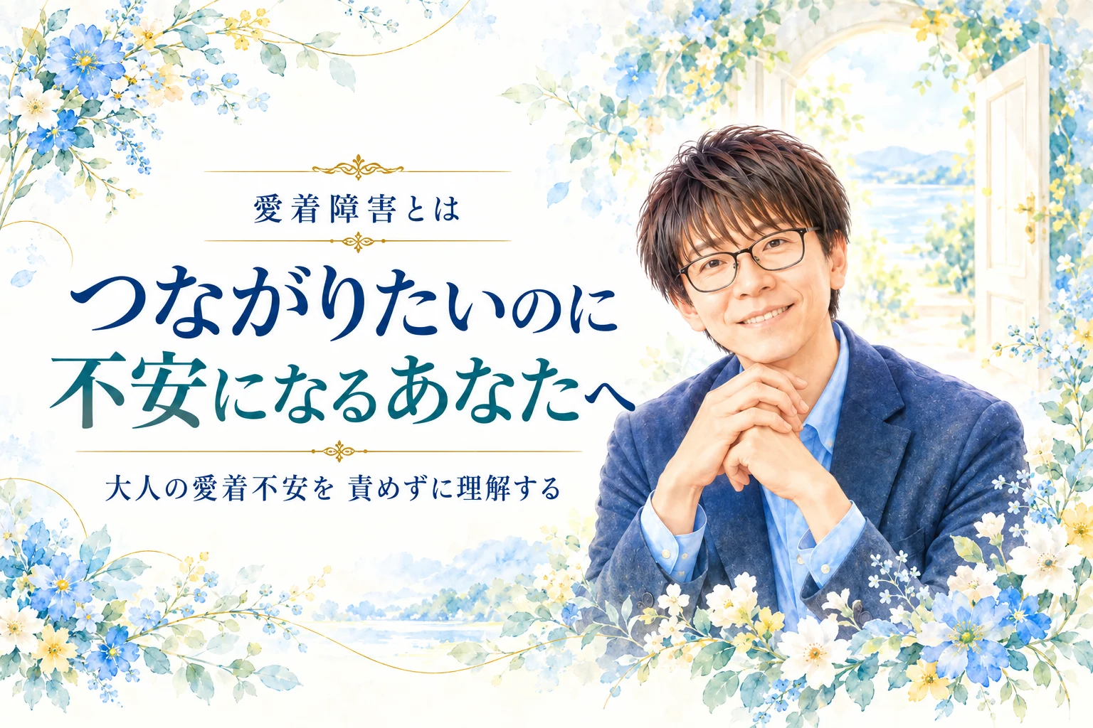 青と白の水彩植物と松野正寿のイラストで 大人の愛着不安を責めずに理解することを伝えるTOP画像