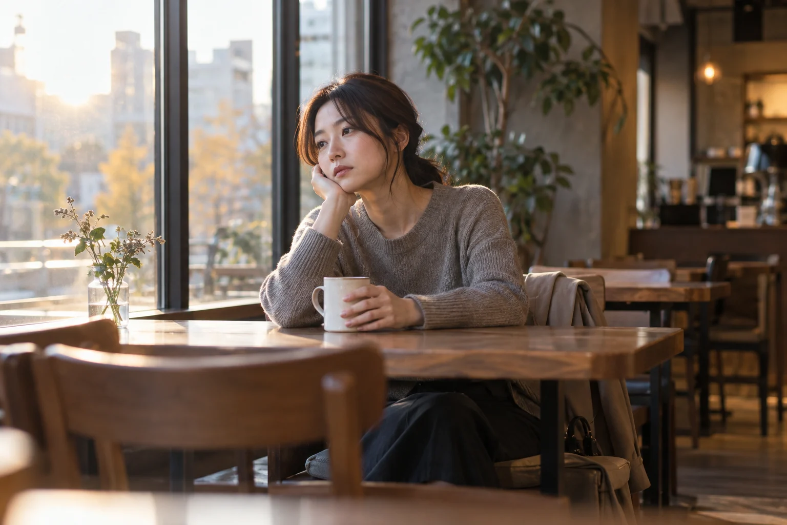 カフェで一人になり、人に気を遣いすぎた疲れを感じながら考え込む女性