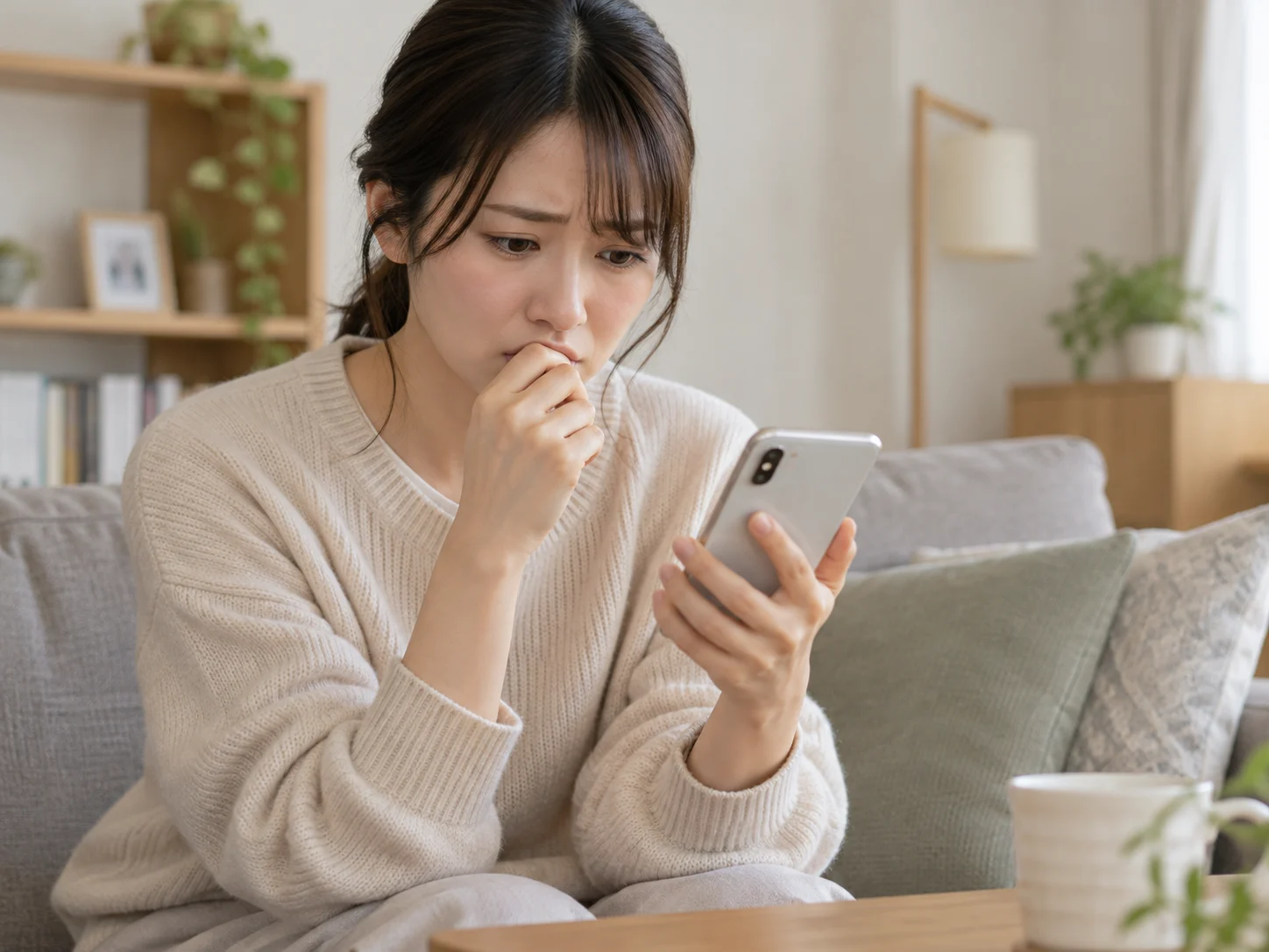 スマホの着信を見て不安を感じる女性