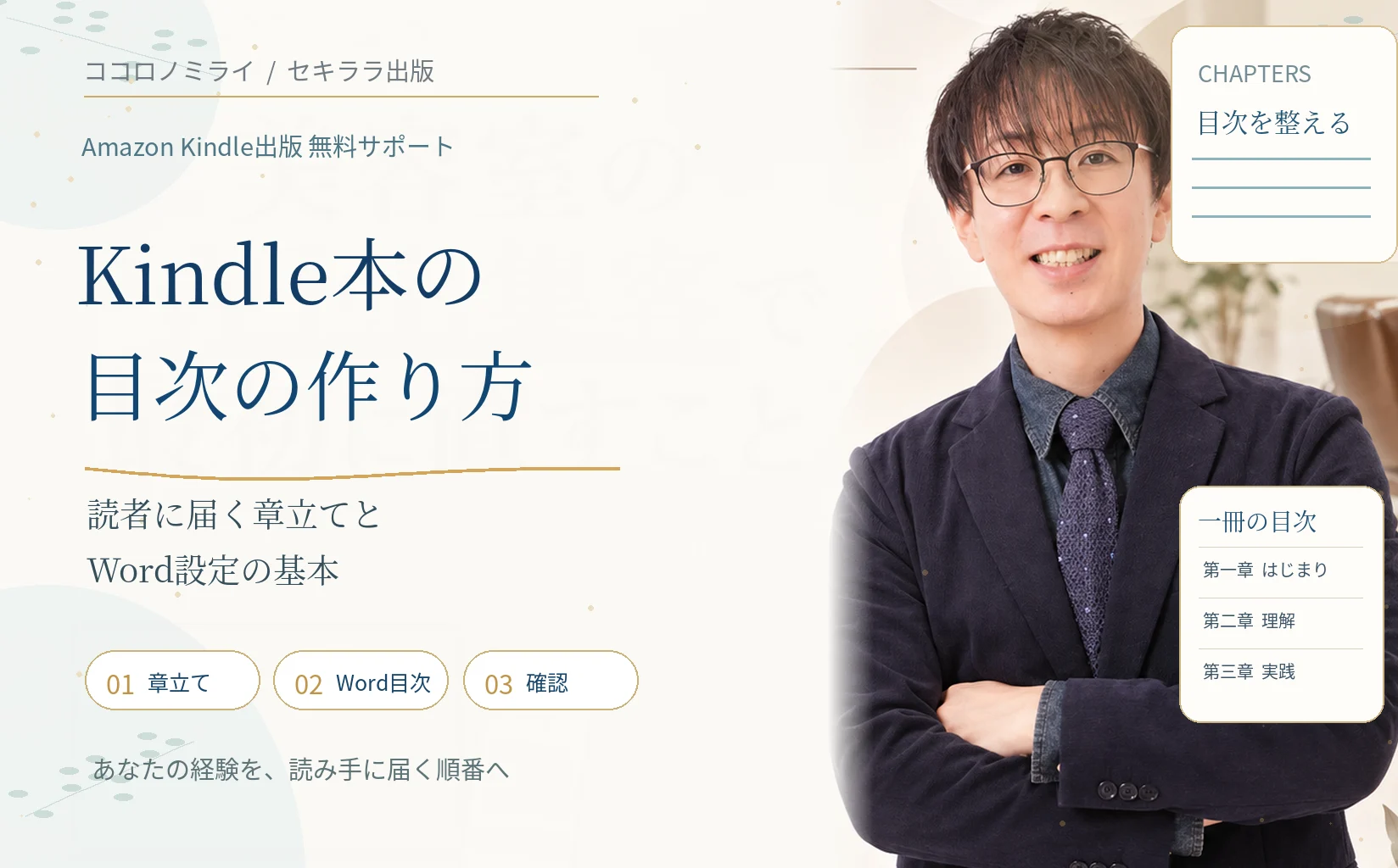 作家松野正寿本人の写真とKindle本の目次の作り方を示す章立てデザイン
