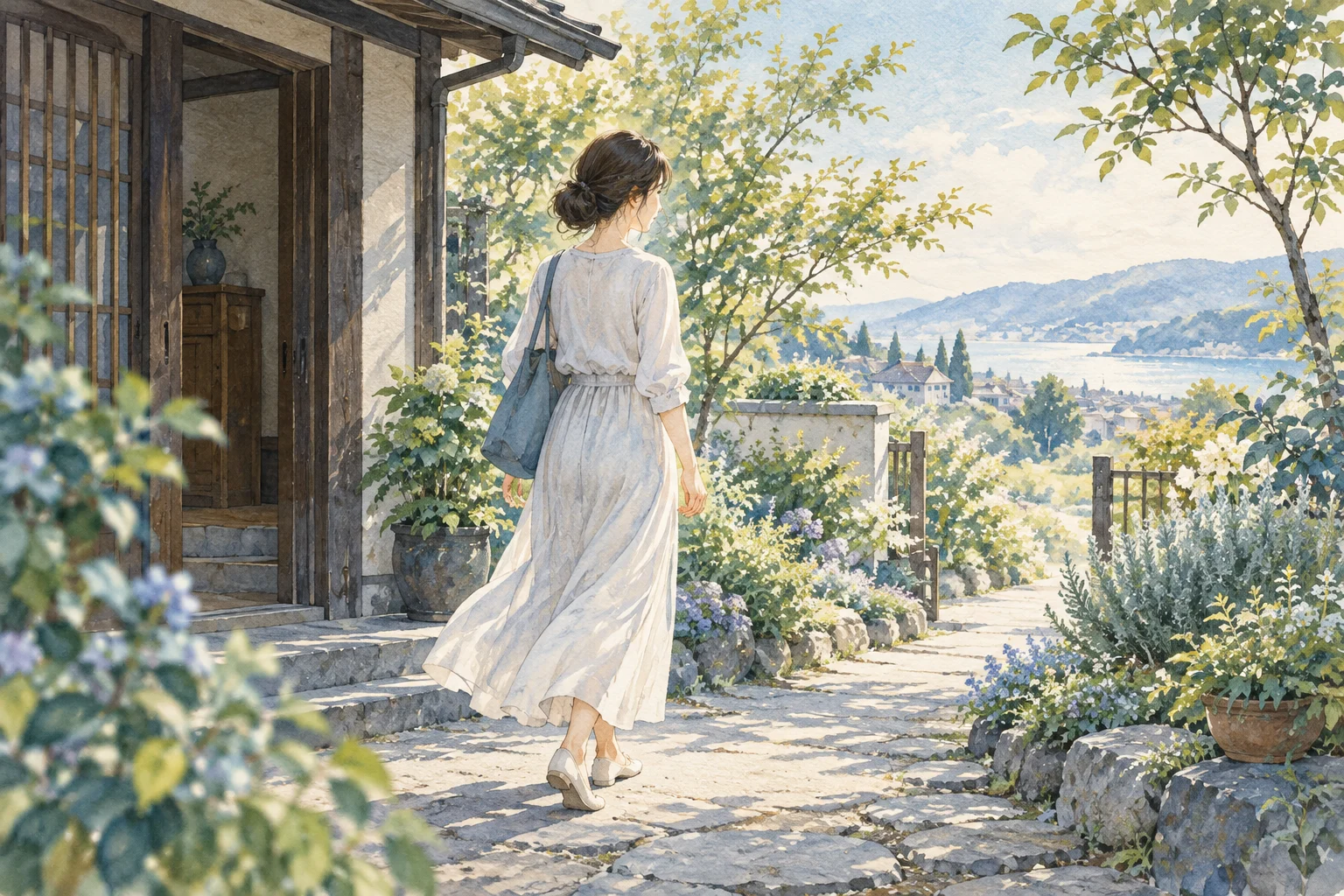 家から庭の道へ歩き出し、自分の時間と距離を選ぶ女性の水彩イラスト