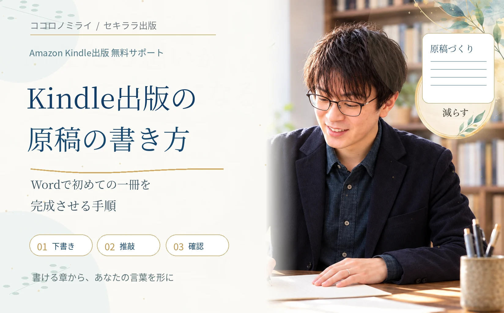 松野正寿本人が机で文章を書いている写真とWordでのKindle出版原稿の書き方を示すデザイン