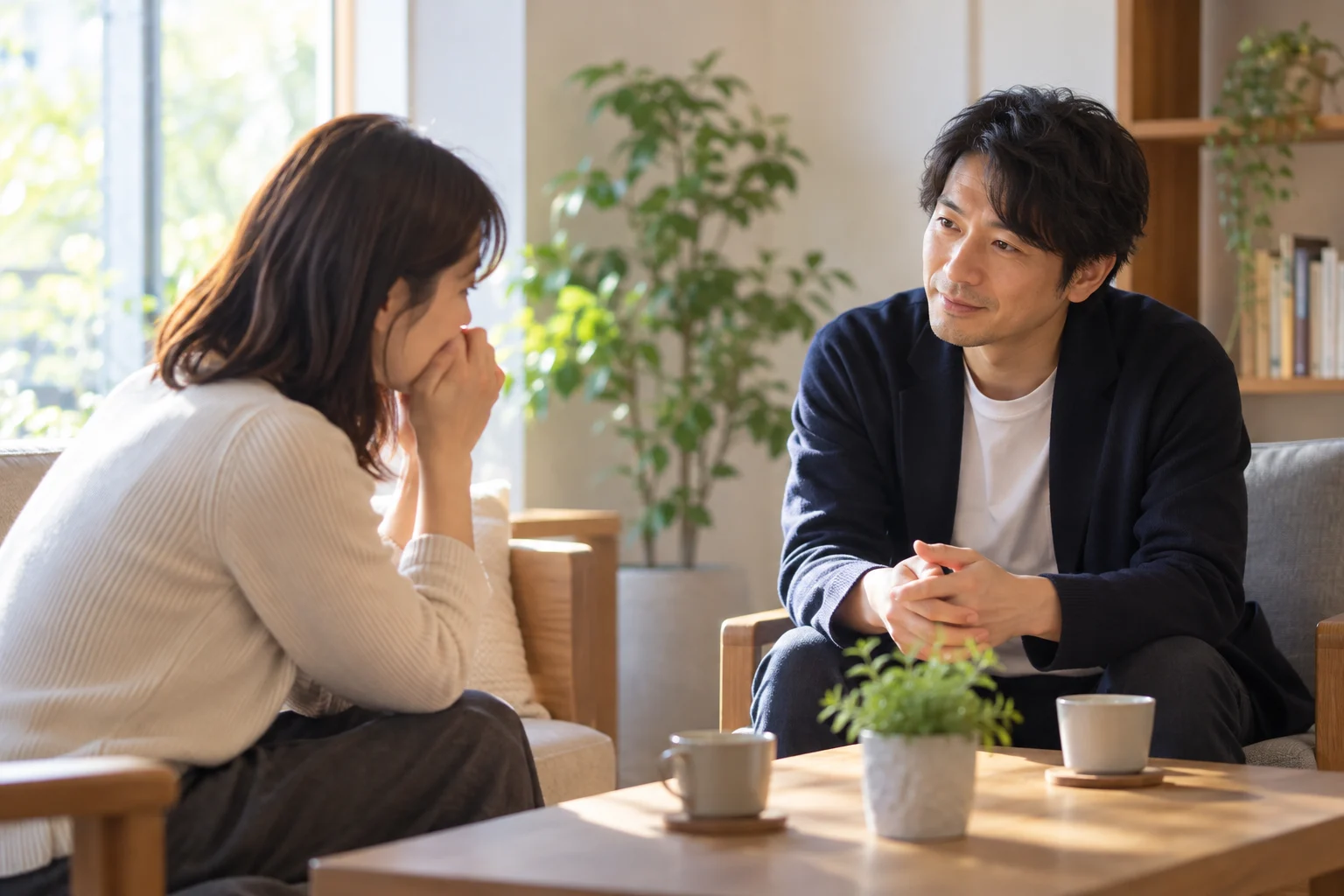 安心できる相手に少しずつ悩みを話す場面のイメージ