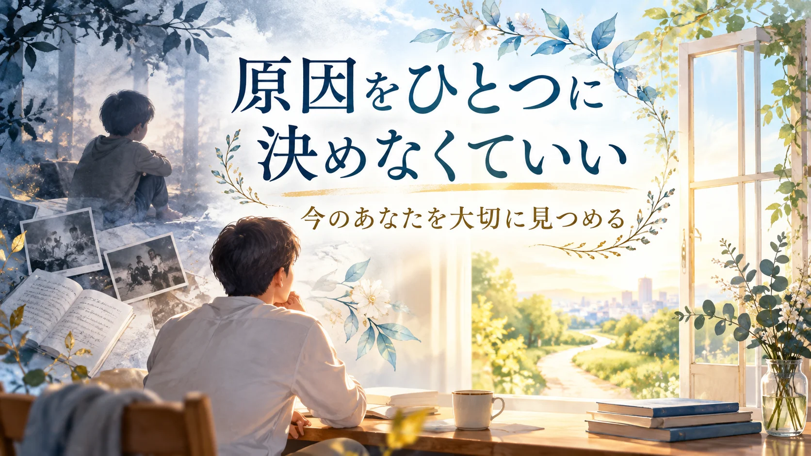 原因をひとつに決めなくていいというメッセージと過去から現在を見つめる人物を描いた水彩風の画像