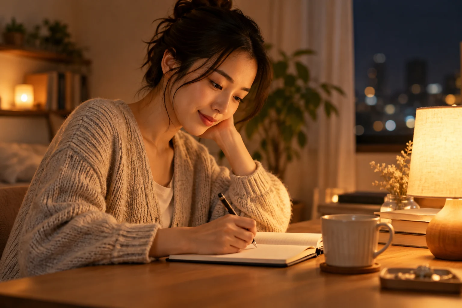 夜、自宅でノートに気持ちを書きながら自分の心に意識を戻す女性