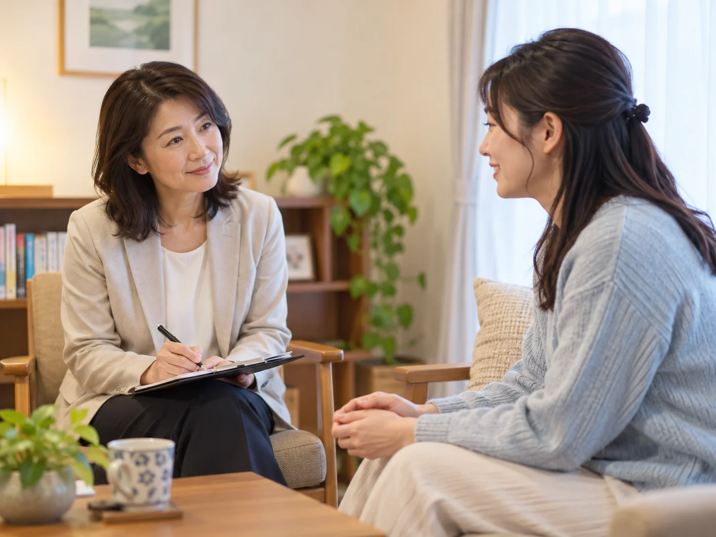 カウンセラーに家族の悩みを話す女性