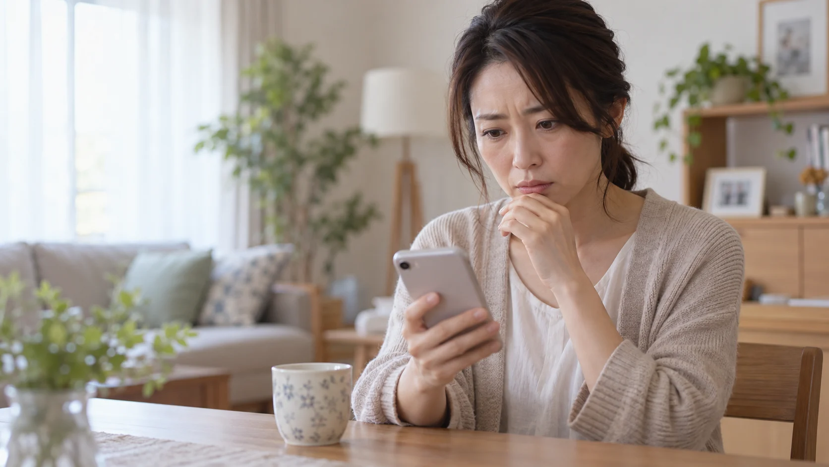 親や兄弟からの電話を見て緊張する女性