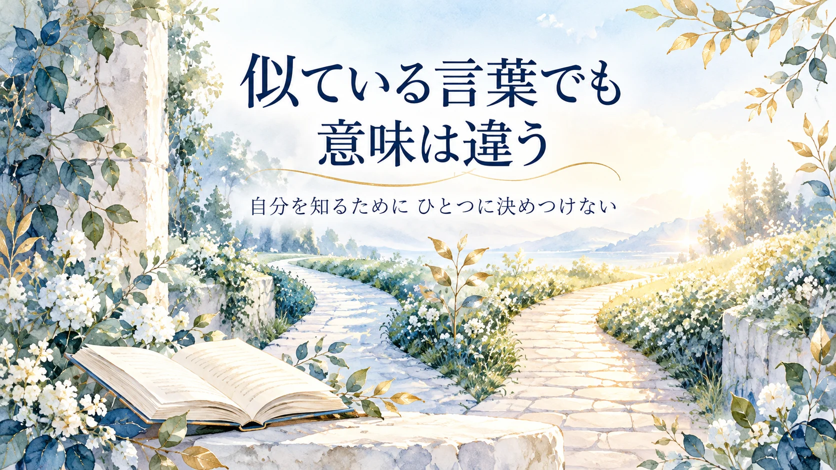 青と金の水彩植物と二つに分かれる道と「似ている言葉でも意味は違う」のキャッチコピー