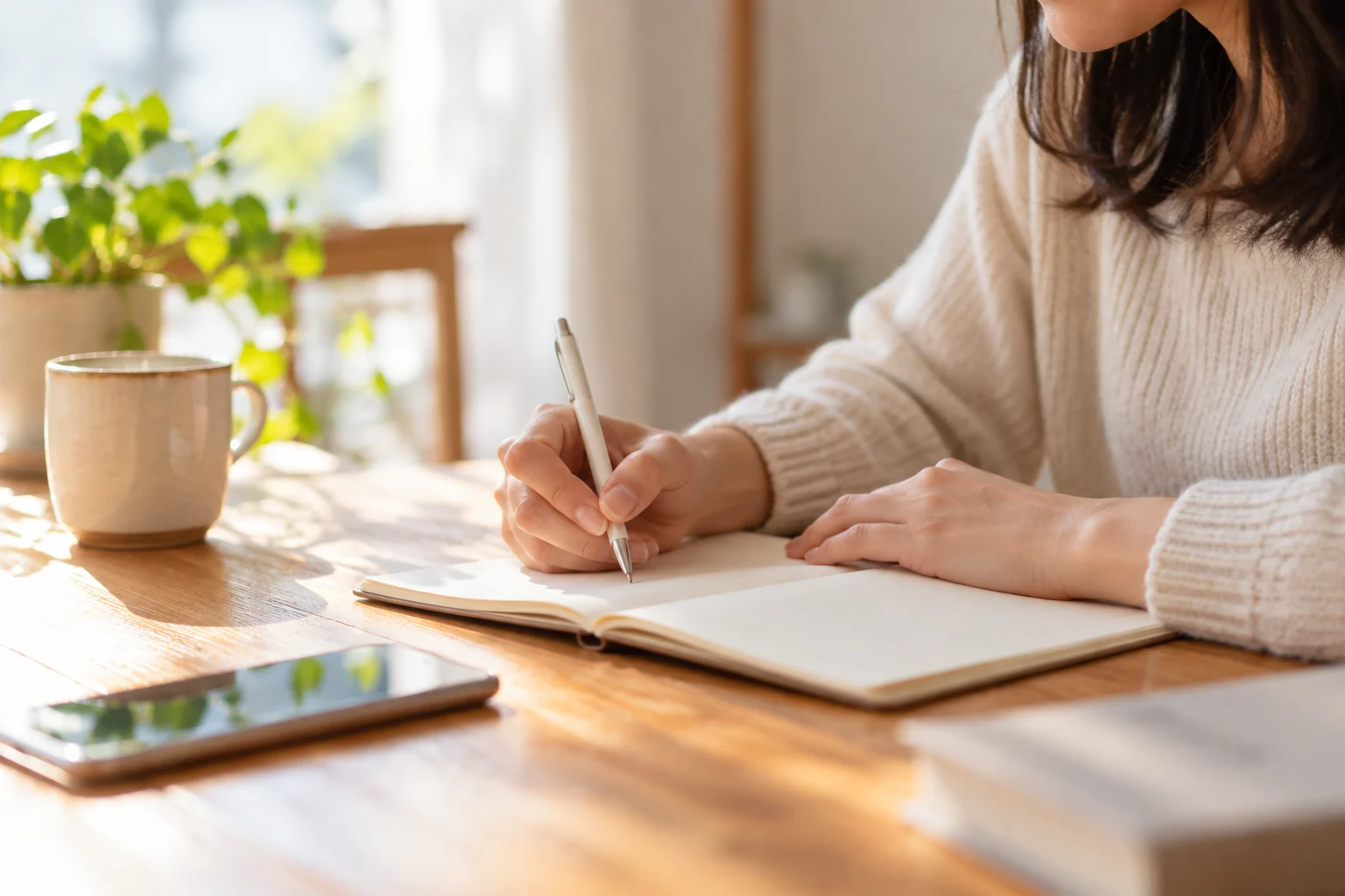 相談する前に、言葉にできない気持ちをノートへ書き出すイメージ