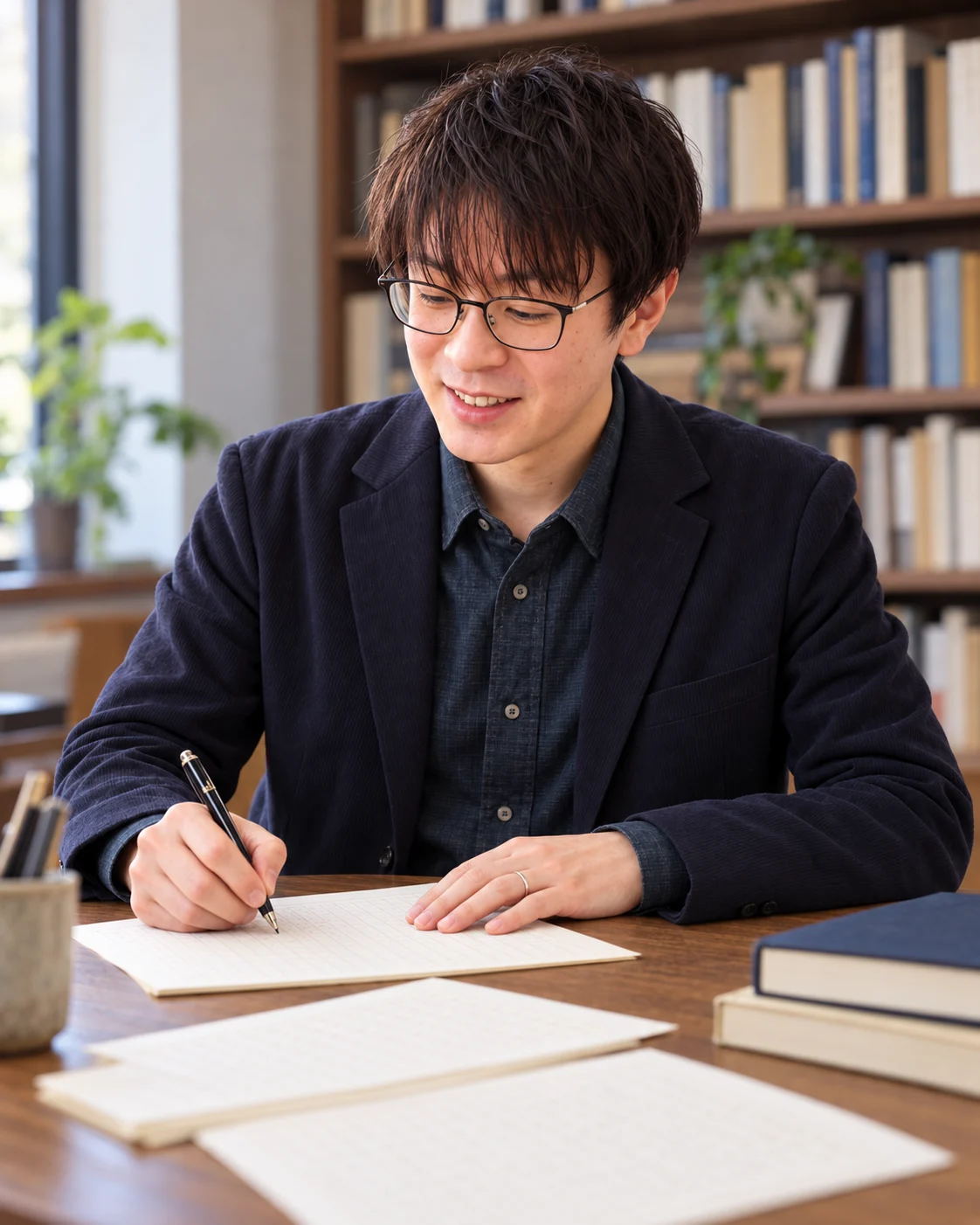 書斎で原稿に向かい本を執筆する松野正寿