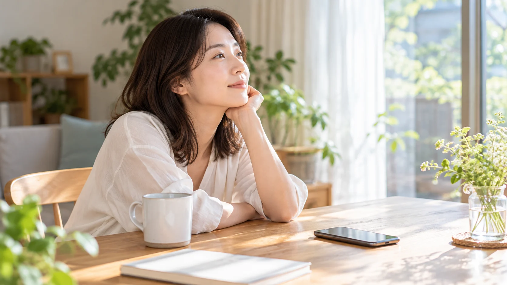 親からの連絡をすぐに確認せず、自分の時間を取り戻して落ち着いて過ごす女性