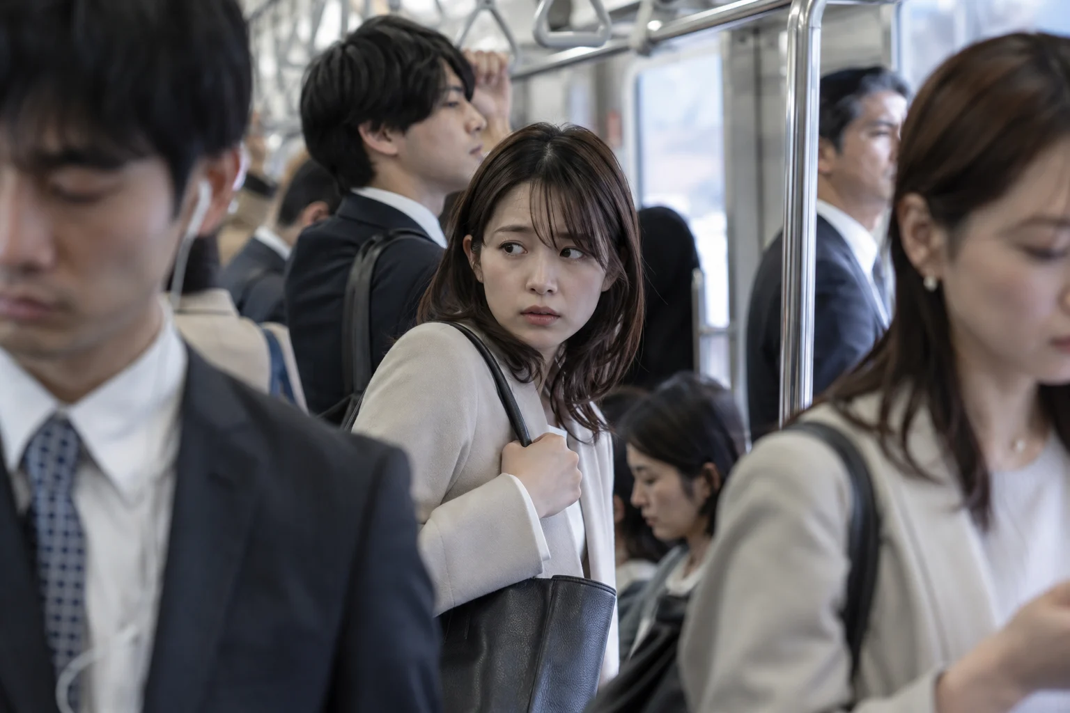 混雑した電車の中で周囲の表情や空気を気にする女性