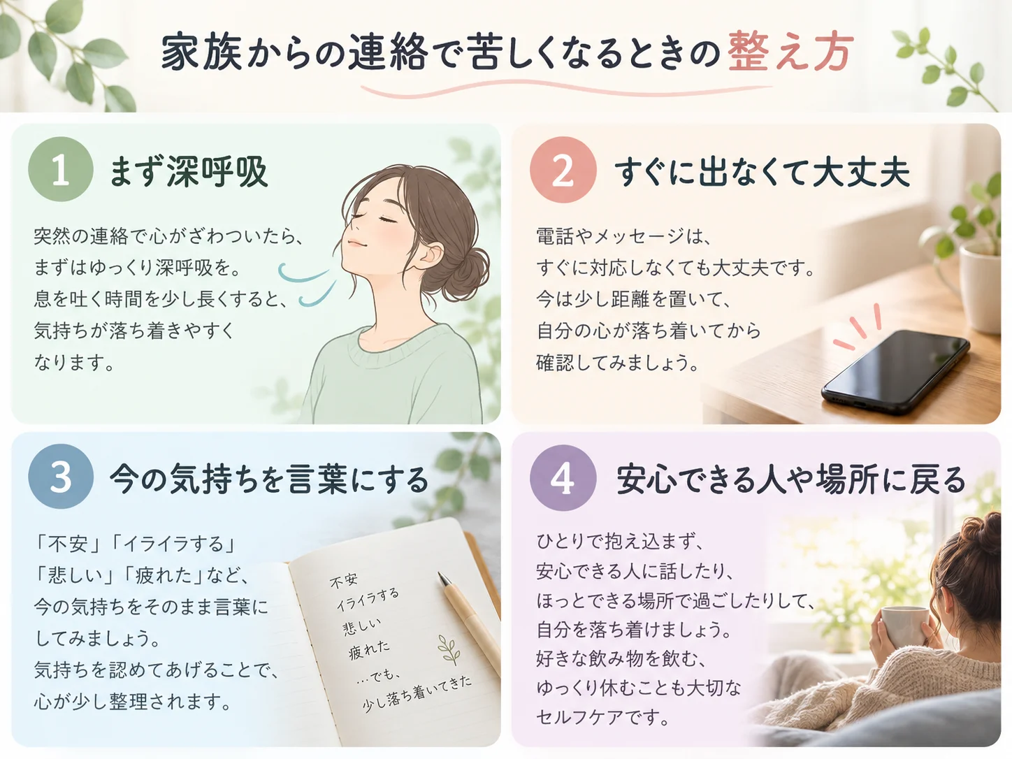 家族からの電話がつらいときの4つの心の整え方の図
