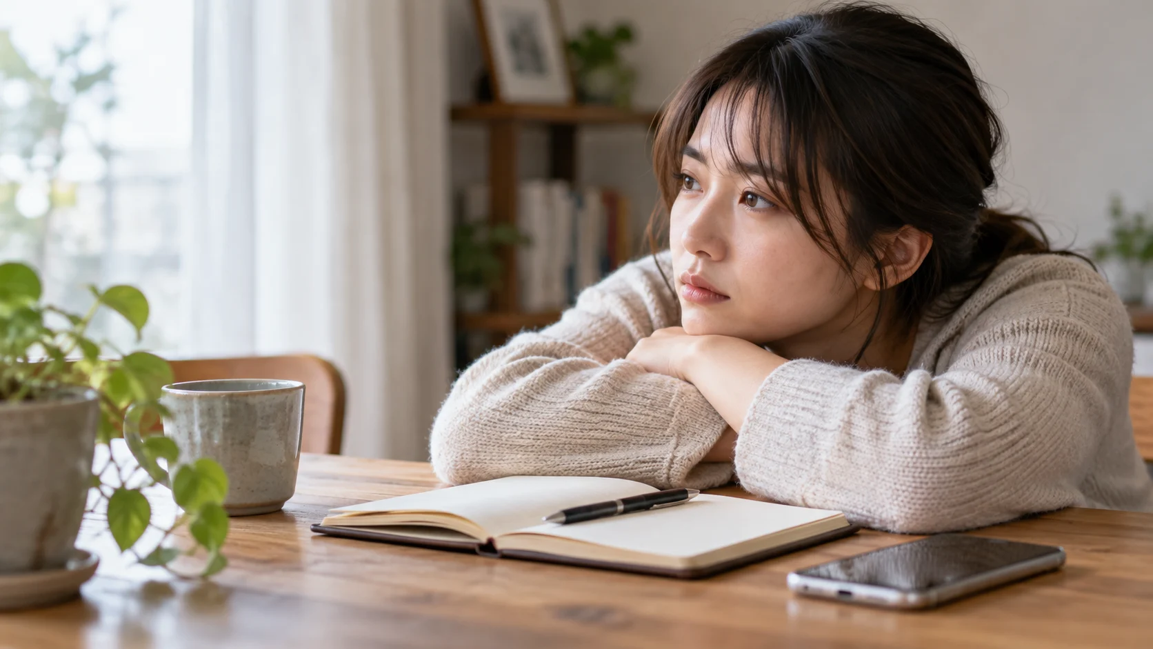 ノートとスマートフォンを前に、誰にも話せない気持ちを抱えて考える女性