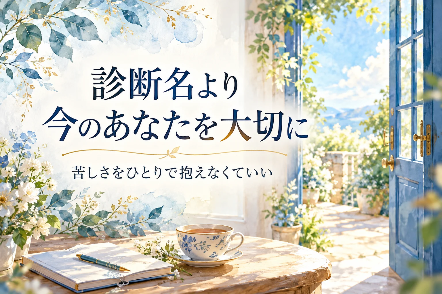 診断名より今のあなたを大切にと書かれた青い扉とノートと花々の水彩風画像